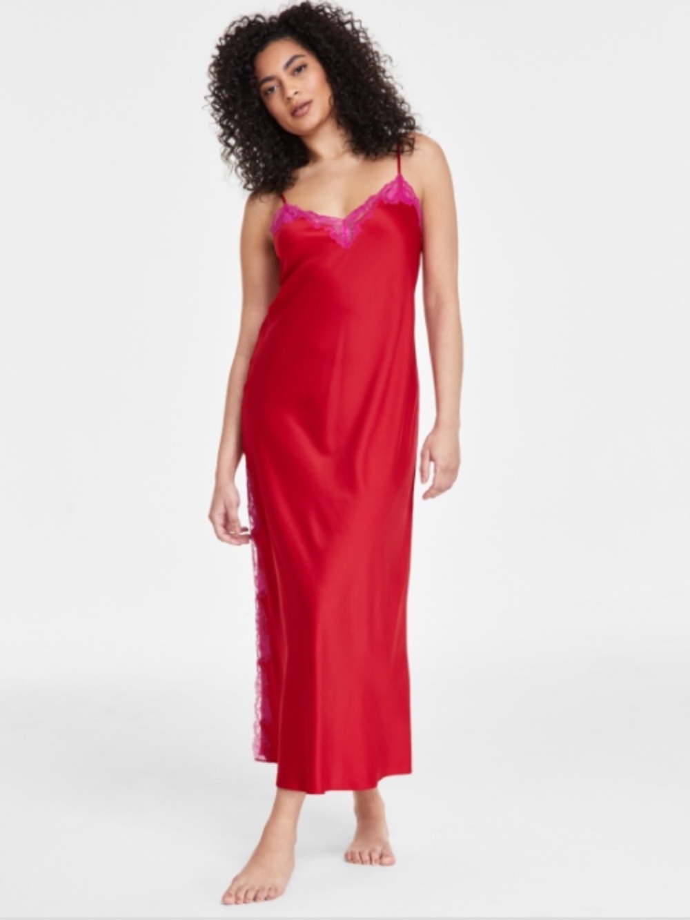 I.n.c. International Concepts Women's Lace-Trim Satin Nightgown, Crimson Leaf
